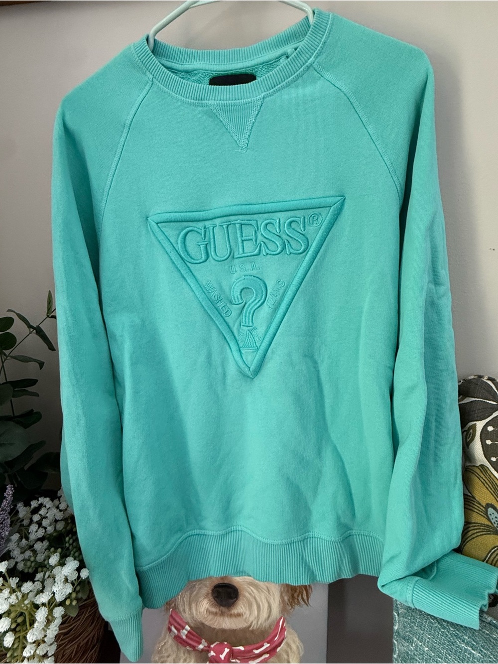 VINTAGE GUESS Embroidered Triangle Logo Sweatshirt - Aqua Teal